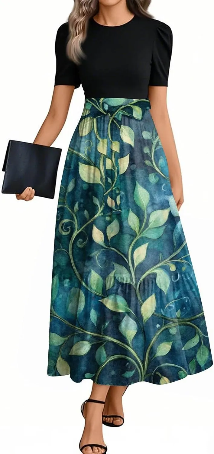 Women's Summer Wrap Maxi Dress Casual Boho Floral Printed Dress Crew Neck Belted Elegant Temperament Dresses