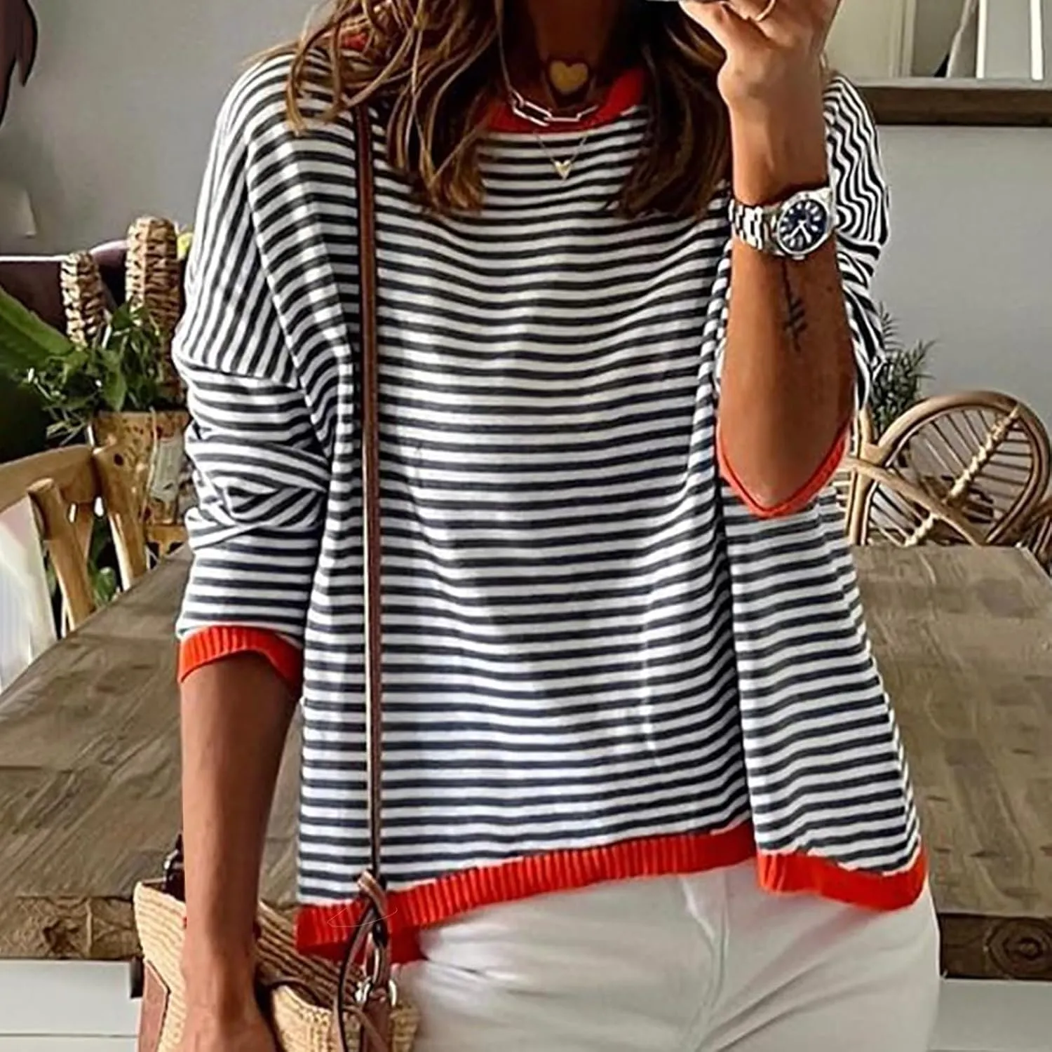 Womens Sweater Fashion Dressy Striped Crewneck Long Sleeve Knitted Pullover Tops Casual Loose Fit Streetwear Sweater