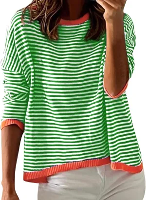 Womens Sweater Fashion Dressy Striped Crewneck Long Sleeve Knitted Pullover Tops Casual Loose Fit Streetwear Sweater