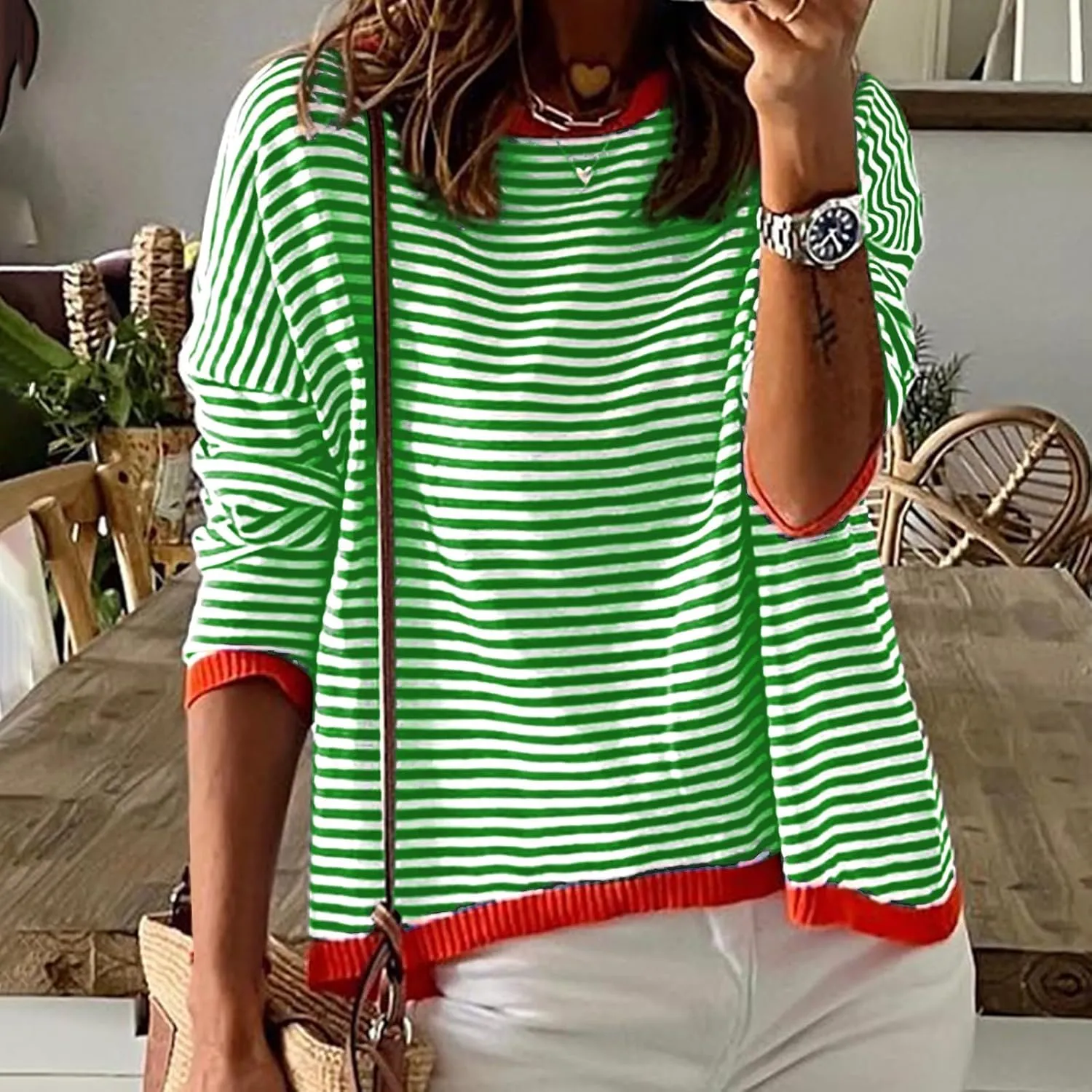Womens Sweater Fashion Dressy Striped Crewneck Long Sleeve Knitted Pullover Tops Casual Loose Fit Streetwear Sweater