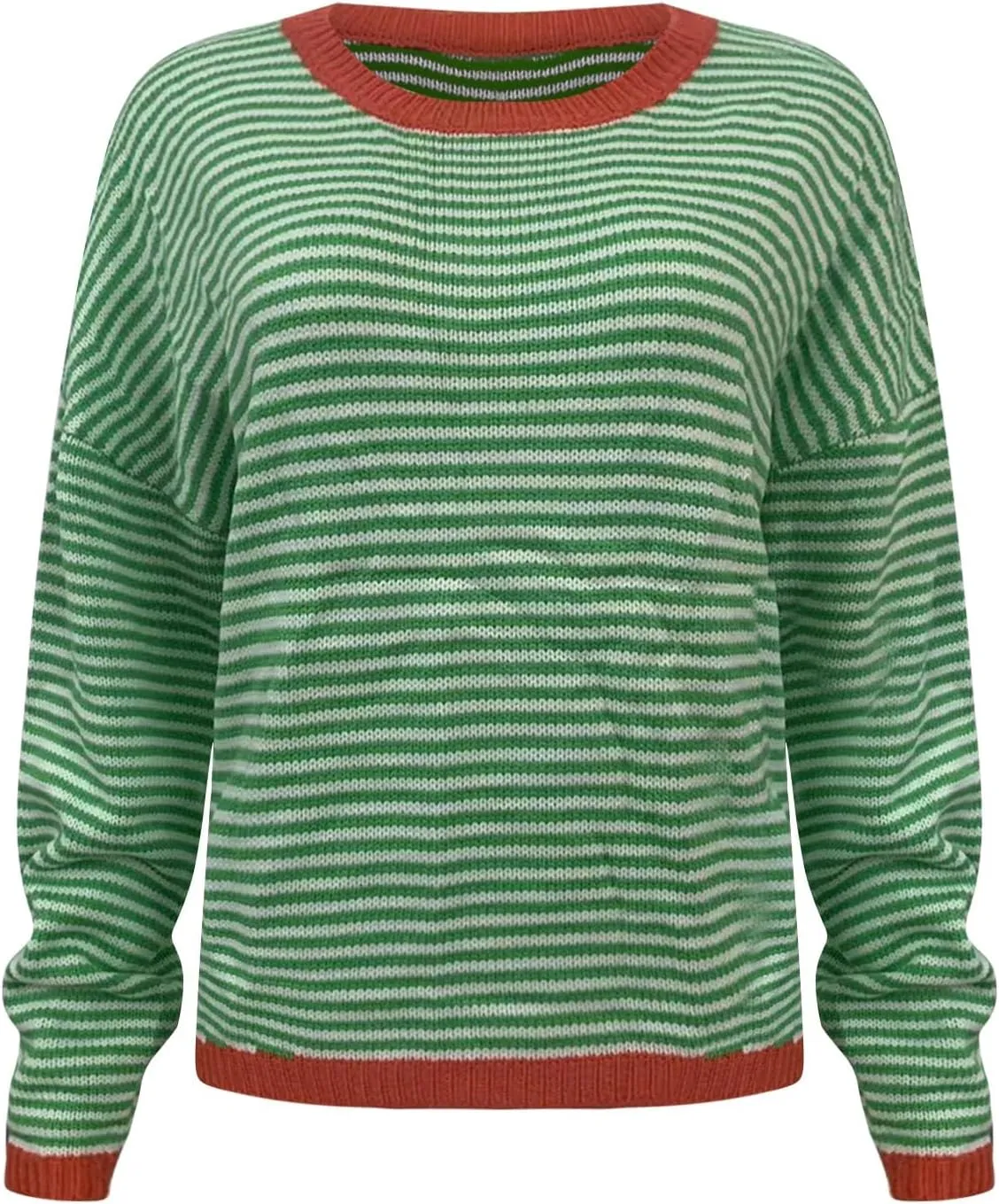 Womens Sweater Fashion Dressy Striped Crewneck Long Sleeve Knitted Pullover Tops Casual Loose Fit Streetwear Sweater