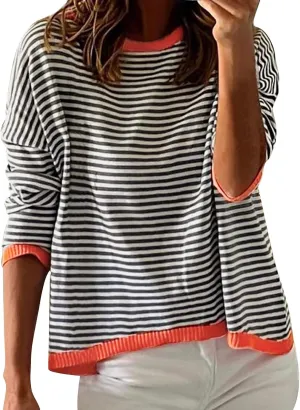Womens Sweater Fashion Dressy Striped Crewneck Long Sleeve Knitted Pullover Tops Casual Loose Fit Streetwear Sweater