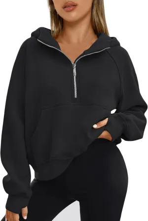 Womens Sweatshirt Hoodie Cropped Quarter Zip Pullover Long Sleeve Shirts Tops with Pocket
