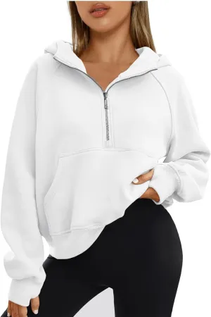 Womens Sweatshirt Hoodie Cropped Quarter Zip Pullover Long Sleeve Shirts Tops with Pocket