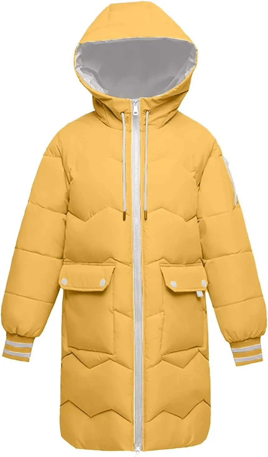 Women's Thickened Long Down Jacket Winter Zip Up Hooded Quilted Down Coat Windproof Warm Puffer Jacket with Pockets