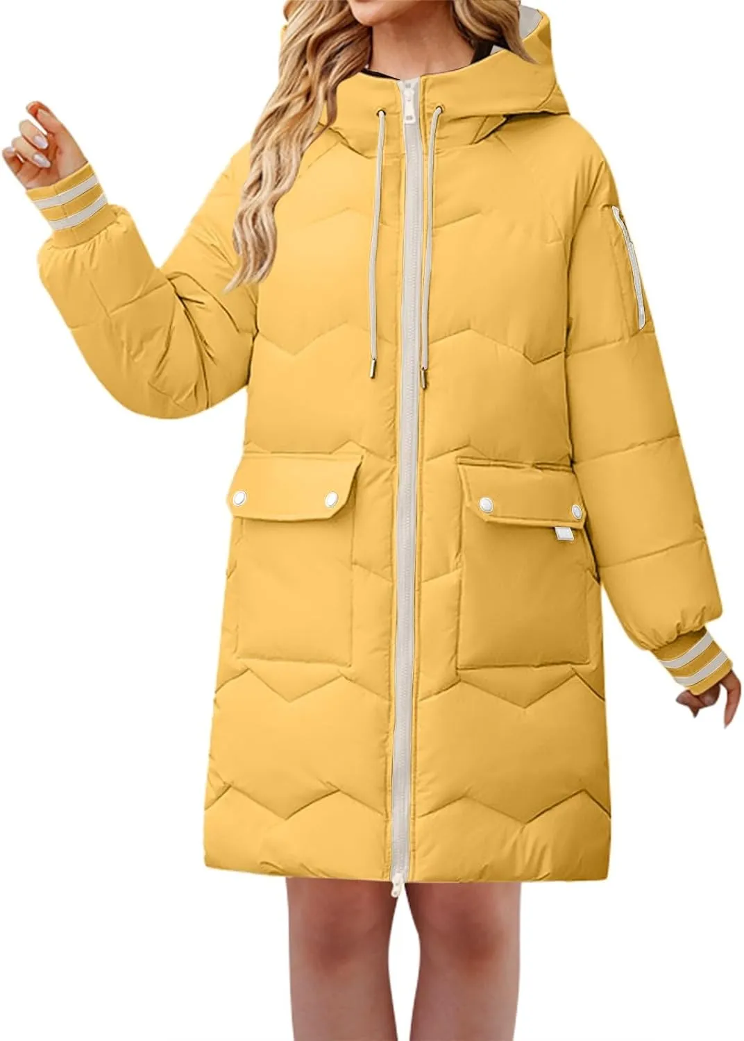 Women's Thickened Long Down Jacket Winter Zip Up Hooded Quilted Down Coat Windproof Warm Puffer Jacket with Pockets