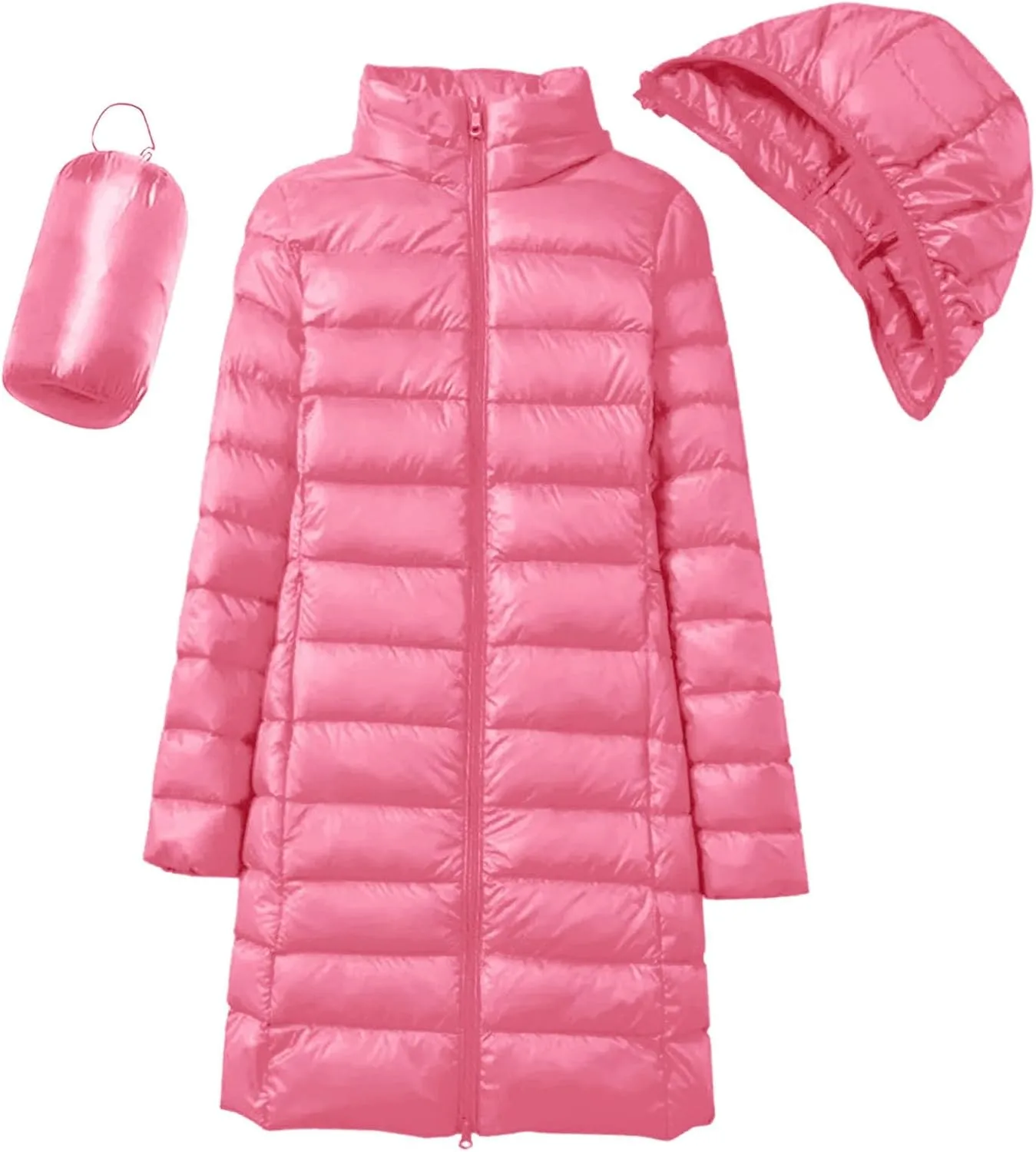 Women's Ultralight Down Jacket Long Packable Hooded Puffer Coat Warm Full-Zip Puffer Jacket for Outdoor