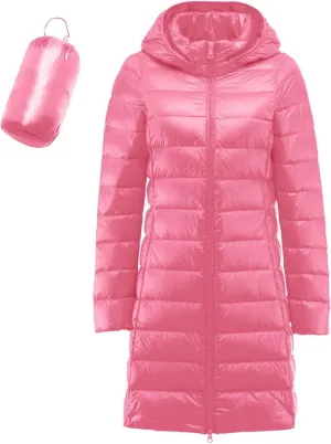 Women's Ultralight Down Jacket Long Packable Hooded Puffer Coat Warm Full-Zip Puffer Jacket for Outdoor