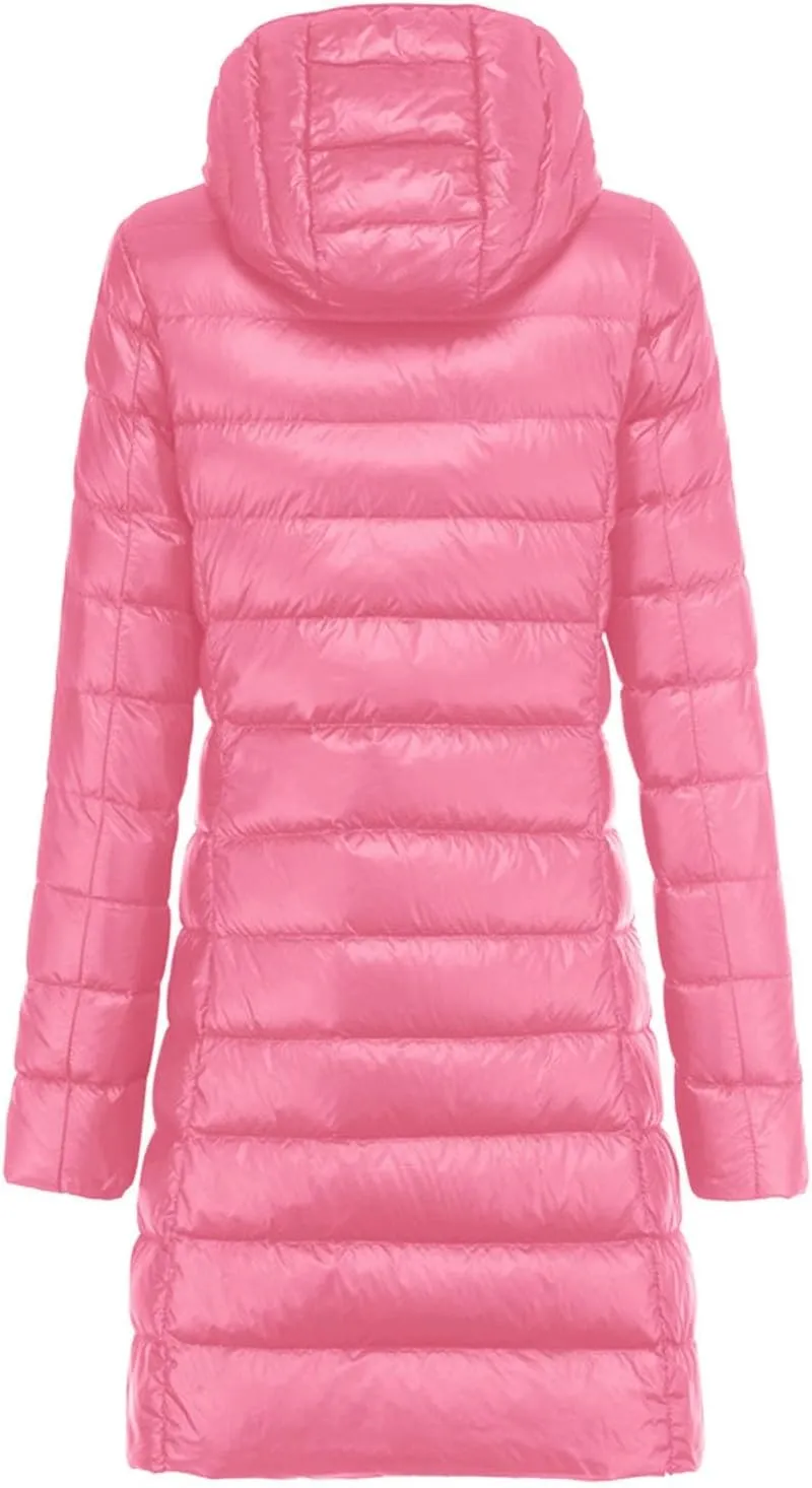Women's Ultralight Down Jacket Long Packable Hooded Puffer Coat Warm Full-Zip Puffer Jacket for Outdoor