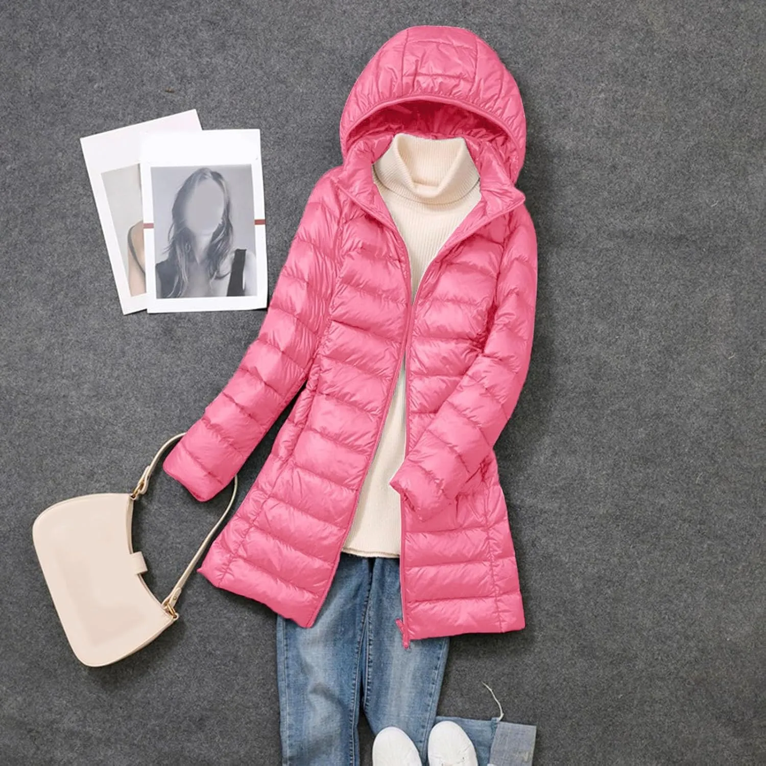Women's Ultralight Down Jacket Long Packable Hooded Puffer Coat Warm Full-Zip Puffer Jacket for Outdoor