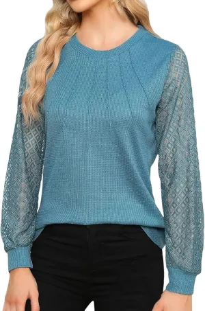 Women's Waffle Knit Business Tops Dressy Casual Knit Solid Blouses Lace Work Shirts Fall Clothes