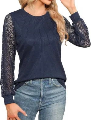 Women's Waffle Knit Business Tops Dressy Casual Knit Solid Blouses Lace Work Shirts Fall Clothes