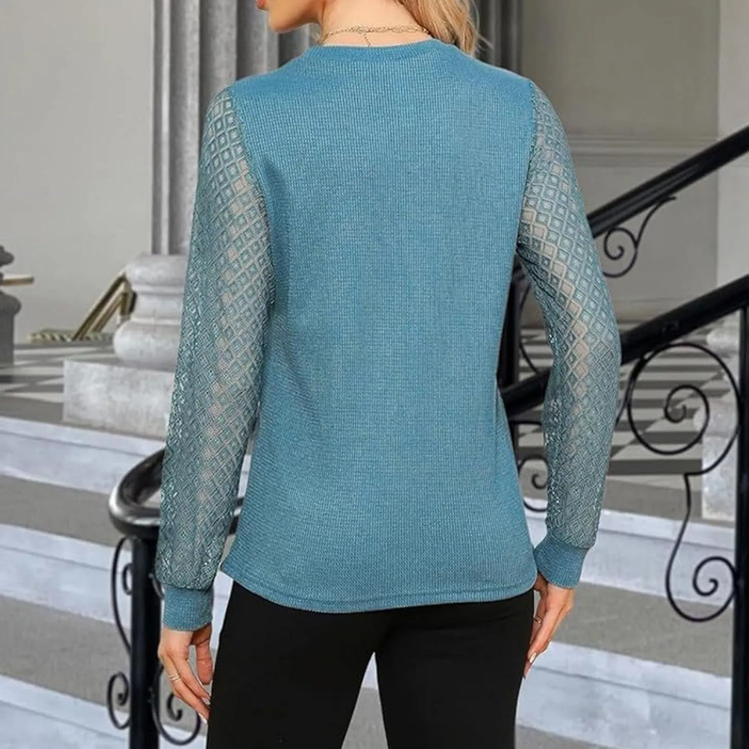 Women's Waffle Knit Business Tops Dressy Casual Knit Solid Blouses Lace Work Shirts Fall Clothes