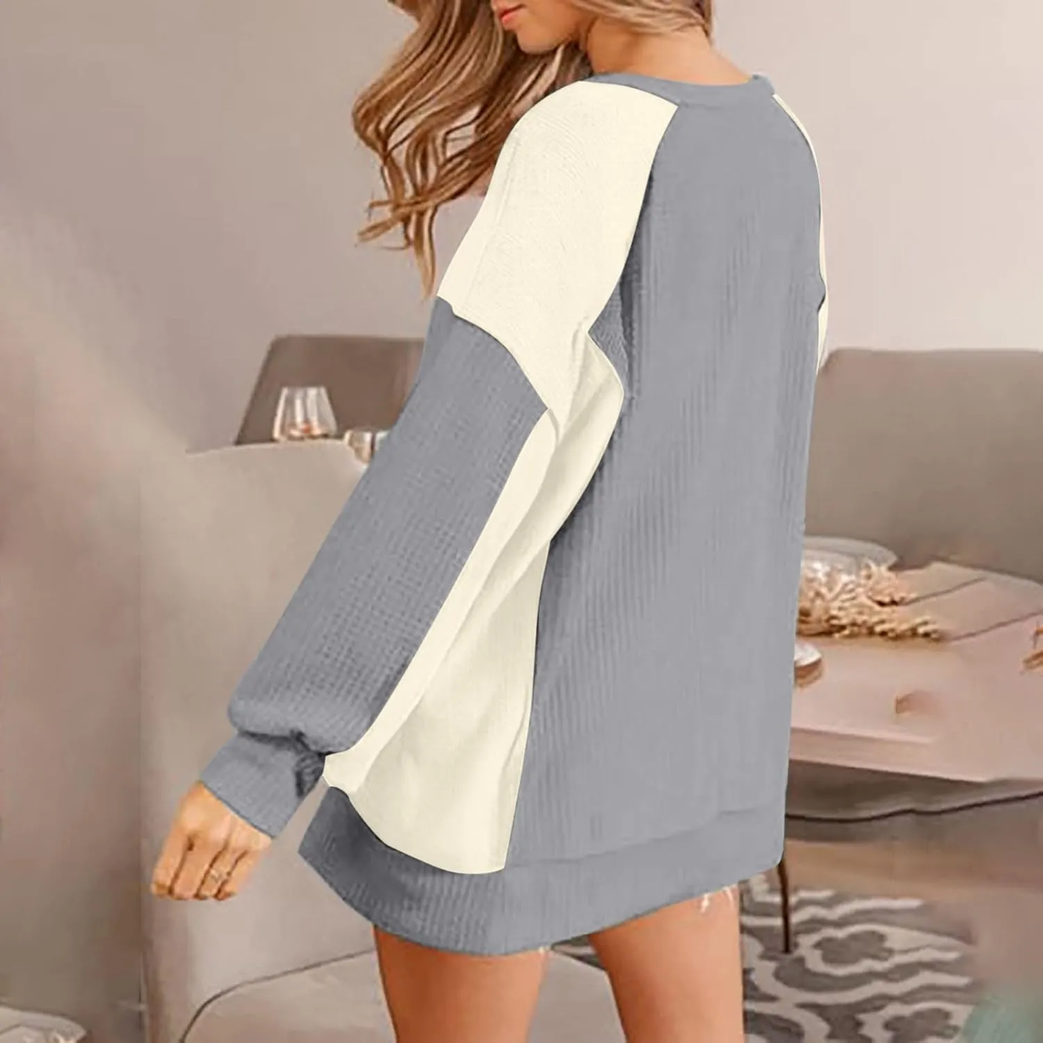Womens Waffle Knit Tops Fashion Color Block Crewneck Long Sleeve Drop Shoulder Pullover Shirts Fall Loose Sweatshirt