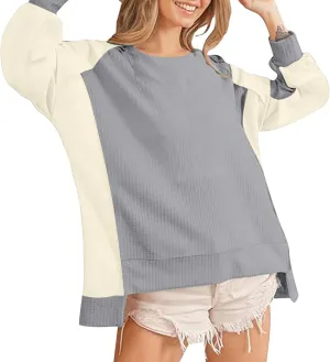 Womens Waffle Knit Tops Fashion Color Block Crewneck Long Sleeve Drop Shoulder Pullover Shirts Fall Loose Sweatshirt