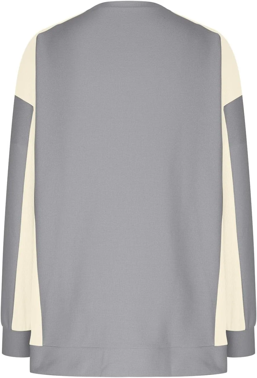 Womens Waffle Knit Tops Fashion Color Block Crewneck Long Sleeve Drop Shoulder Pullover Shirts Fall Loose Sweatshirt