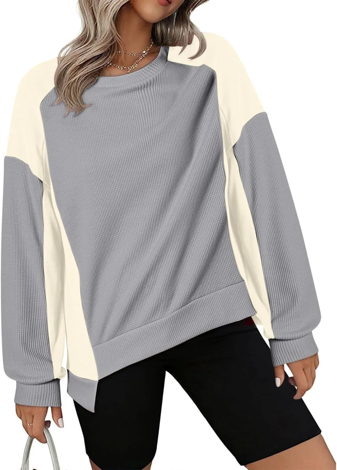Womens Waffle Knit Tops Fashion Color Block Crewneck Long Sleeve Drop Shoulder Pullover Shirts Fall Loose Sweatshirt