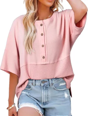 Womens Waffle Knit Tops Oversized Patchwork 3/4 Sleeve T Shirts Casual Crew Neck Button Down Shirts 2025 Fashion