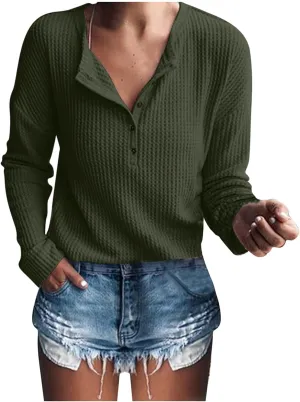 Women's Waffle Tops Casual Knitted Quarter Button Down V Neck Solid Color Long Sleeve Tunics Daily Fashion Work Tops