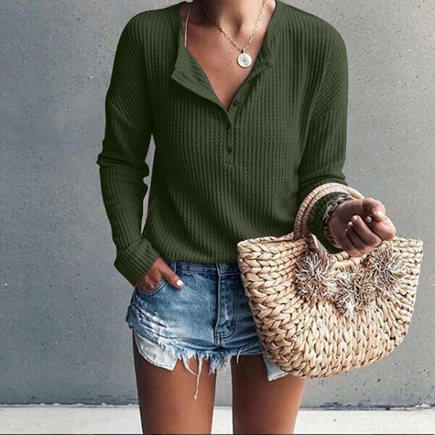Women's Waffle Tops Casual Knitted Quarter Button Down V Neck Solid Color Long Sleeve Tunics Daily Fashion Work Tops