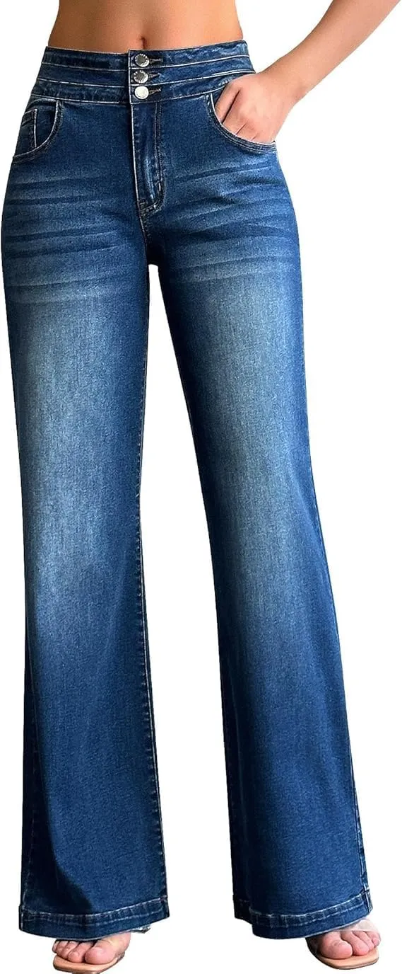 Women's Wide Leg Jeans Baggy High Waisted Casual Trendy Straight Stretch Loose Denim Pants Trouser with Pockets
