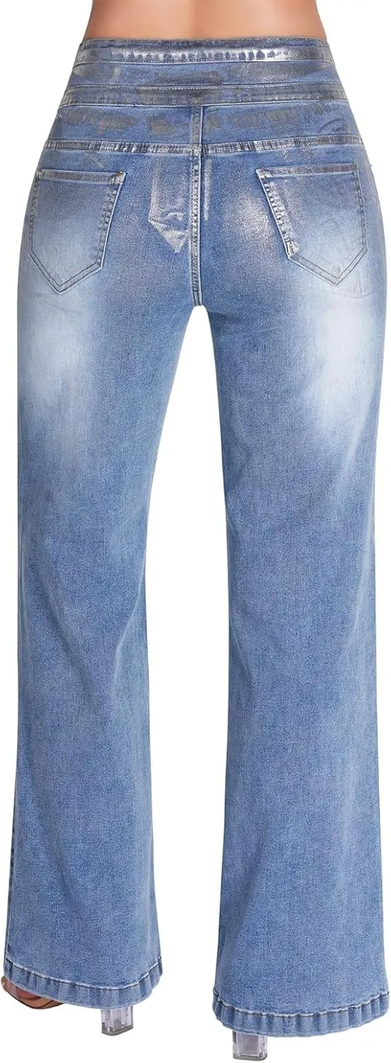 Women's Wide Leg Jeans Baggy High Waisted Casual Trendy Straight Stretch Loose Denim Pants Trouser with Pockets