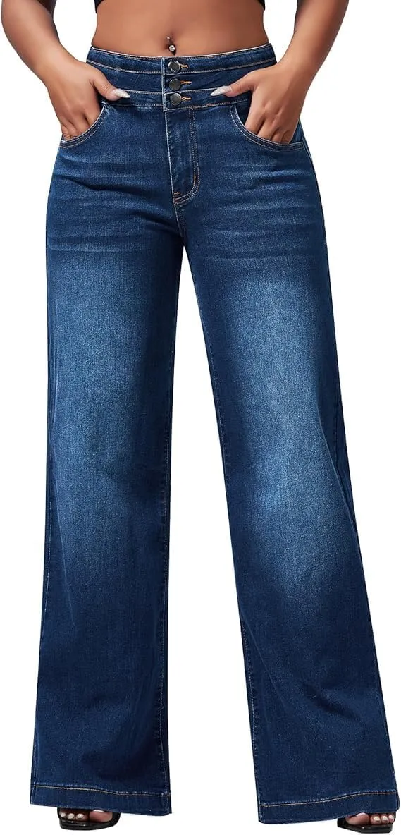 Women's Wide Leg Jeans Baggy High Waisted Casual Trendy Straight Stretch Loose Denim Pants Trouser with Pockets