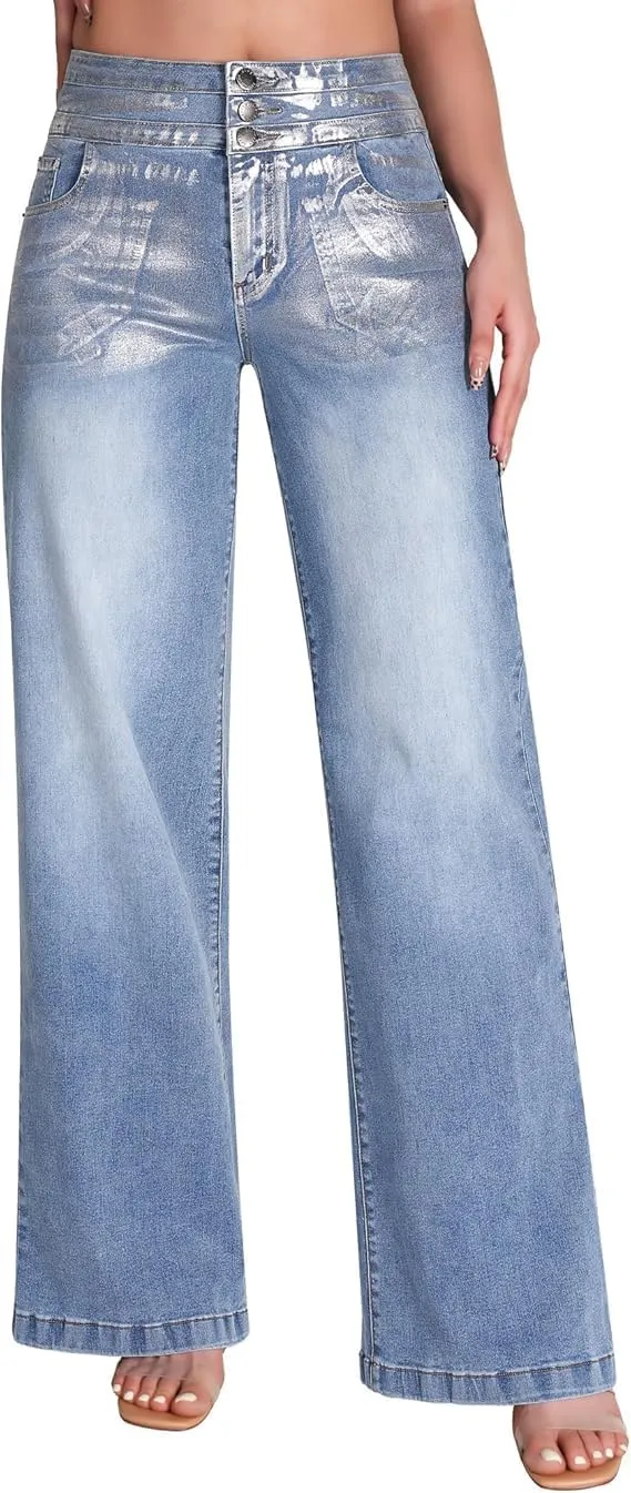 Women's Wide Leg Jeans Baggy High Waisted Casual Trendy Straight Stretch Loose Denim Pants Trouser with Pockets