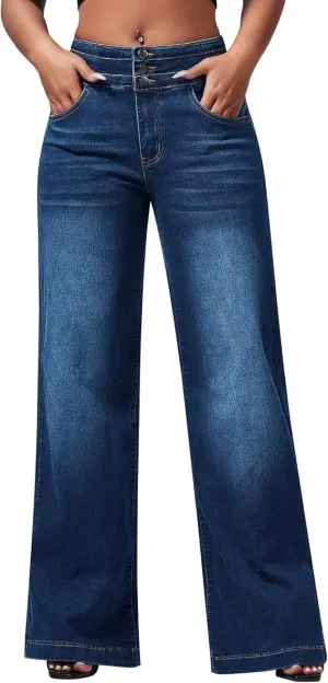 Women's Wide Leg Jeans Baggy High Waisted Casual Trendy Straight Stretch Loose Denim Pants Trouser with Pockets