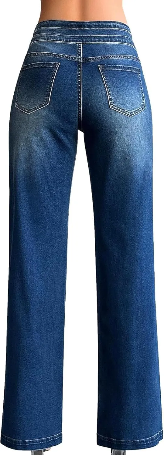 Women's Wide Leg Jeans Baggy High Waisted Casual Trendy Straight Stretch Loose Denim Pants Trouser with Pockets
