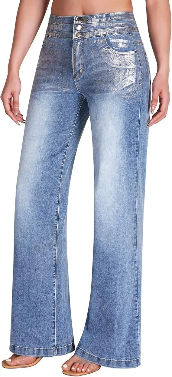 Women's Wide Leg Jeans Baggy High Waisted Casual Trendy Straight Stretch Loose Denim Pants Trouser with Pockets