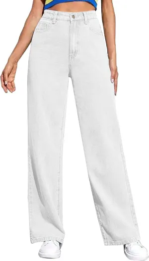 Women's Wide Leg Jeans Casual Loose High Waisted Straight Zimbaplatinum Denim Pants with Pockets