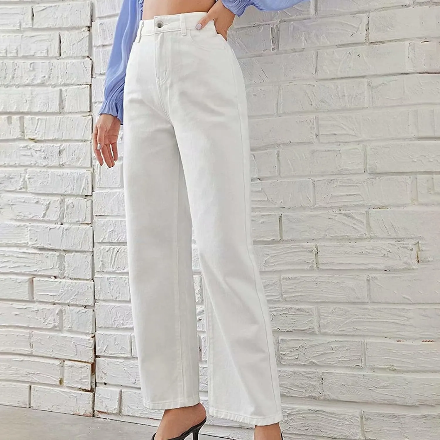 Women's Wide Leg Jeans Casual Loose High Waisted Straight Zimbaplatinum Denim Pants with Pockets