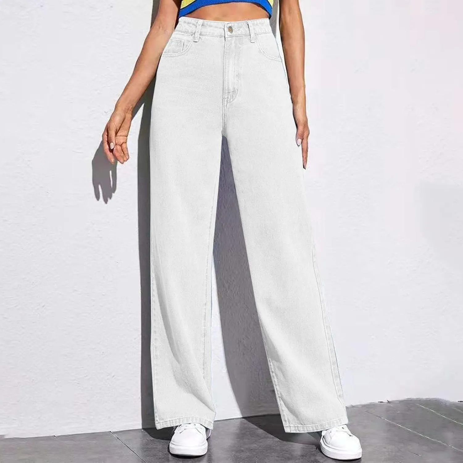 Women's Wide Leg Jeans Casual Loose High Waisted Straight Zimbaplatinum Denim Pants with Pockets