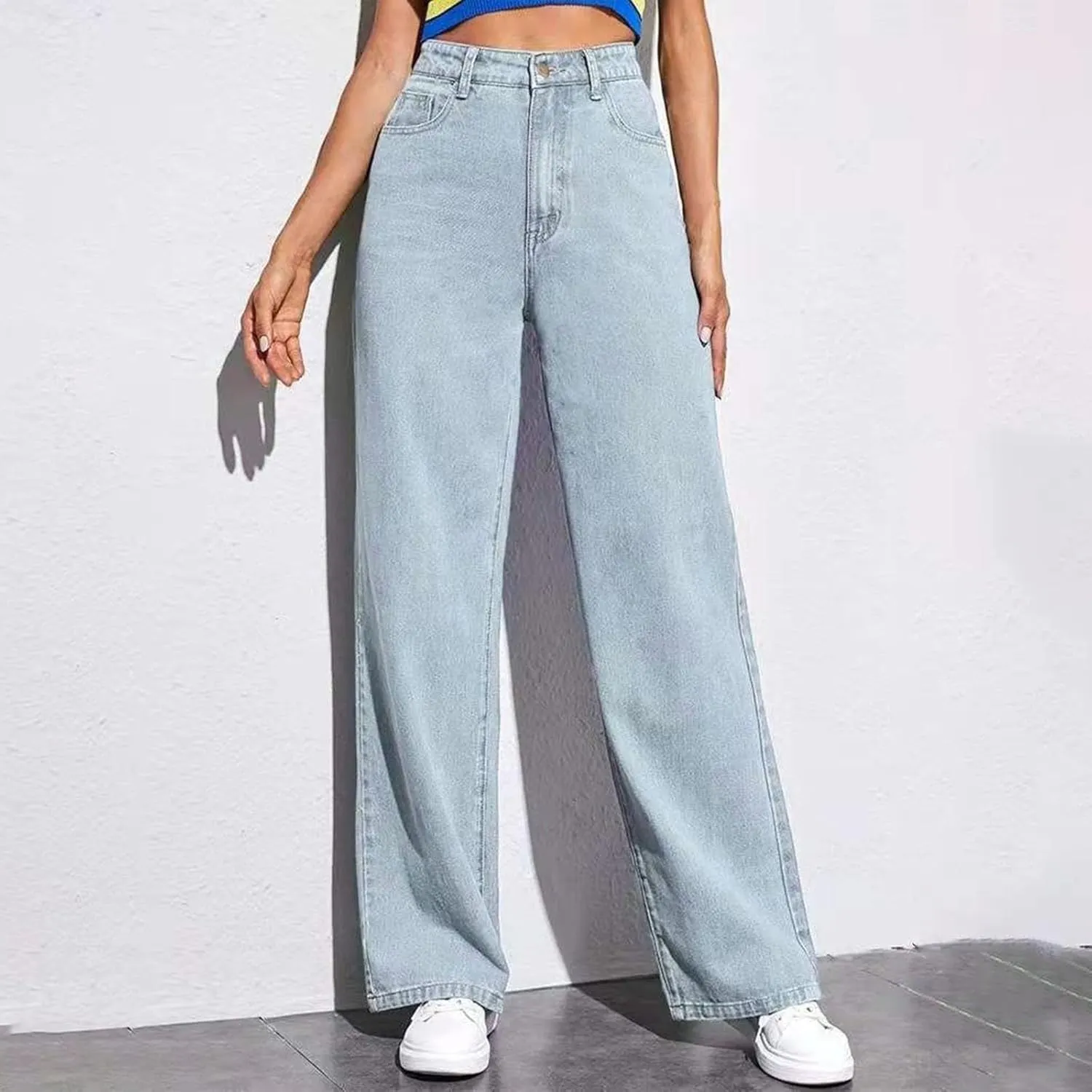 Women's Wide Leg Jeans Casual Loose High Waisted Straight Zimbaplatinum Denim Pants with Pockets