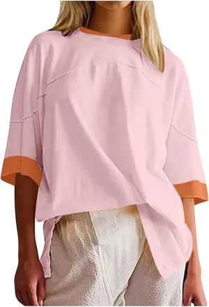 Womens Y2K Oversized Color Block Short Sleeve T Shirts Casual Crewneck Patchwork Split Hem Shirt Summer Tee Tops 2024