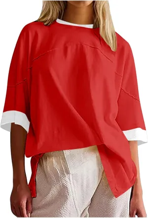 Womens Y2K Oversized Color Block Short Sleeve T Shirts Casual Crewneck Patchwork Split Hem Shirt Summer Tee Tops 2024