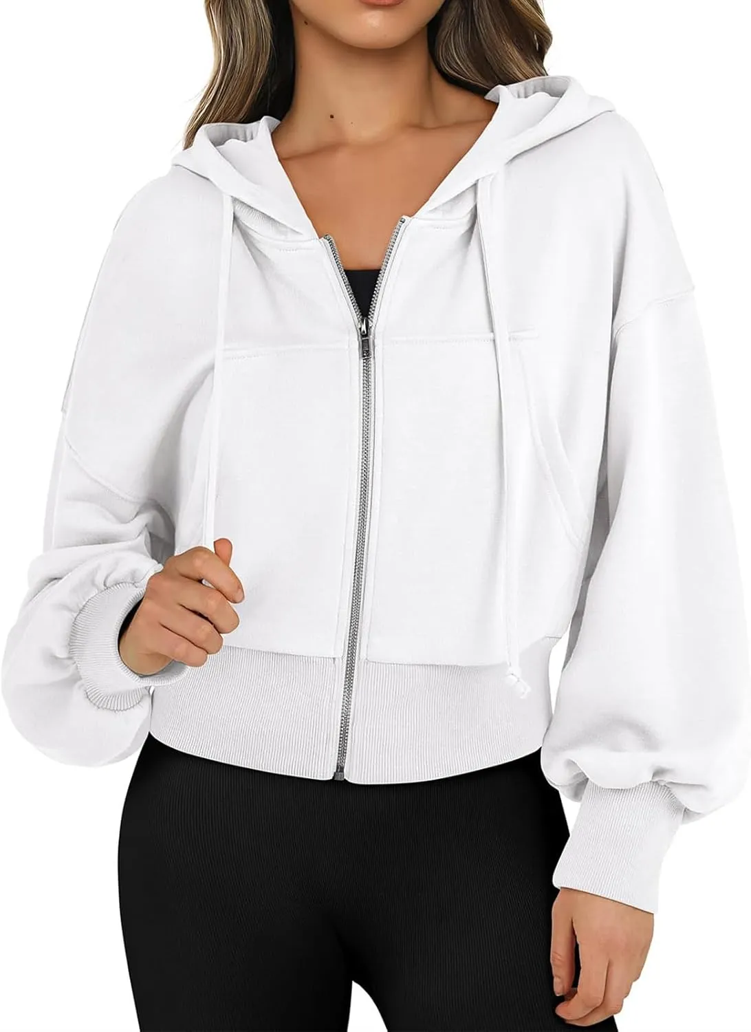 Womens Zip Up Hoodies Casual Drawstring Cropped Sweatshirt Jackets Long Sleeve Fleece Lightweight Coat with Pockets