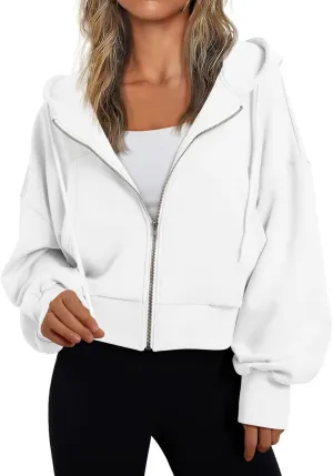 Womens Zip Up Hoodies Casual Drawstring Cropped Sweatshirt Jackets Long Sleeve Fleece Lightweight Coat with Pockets
