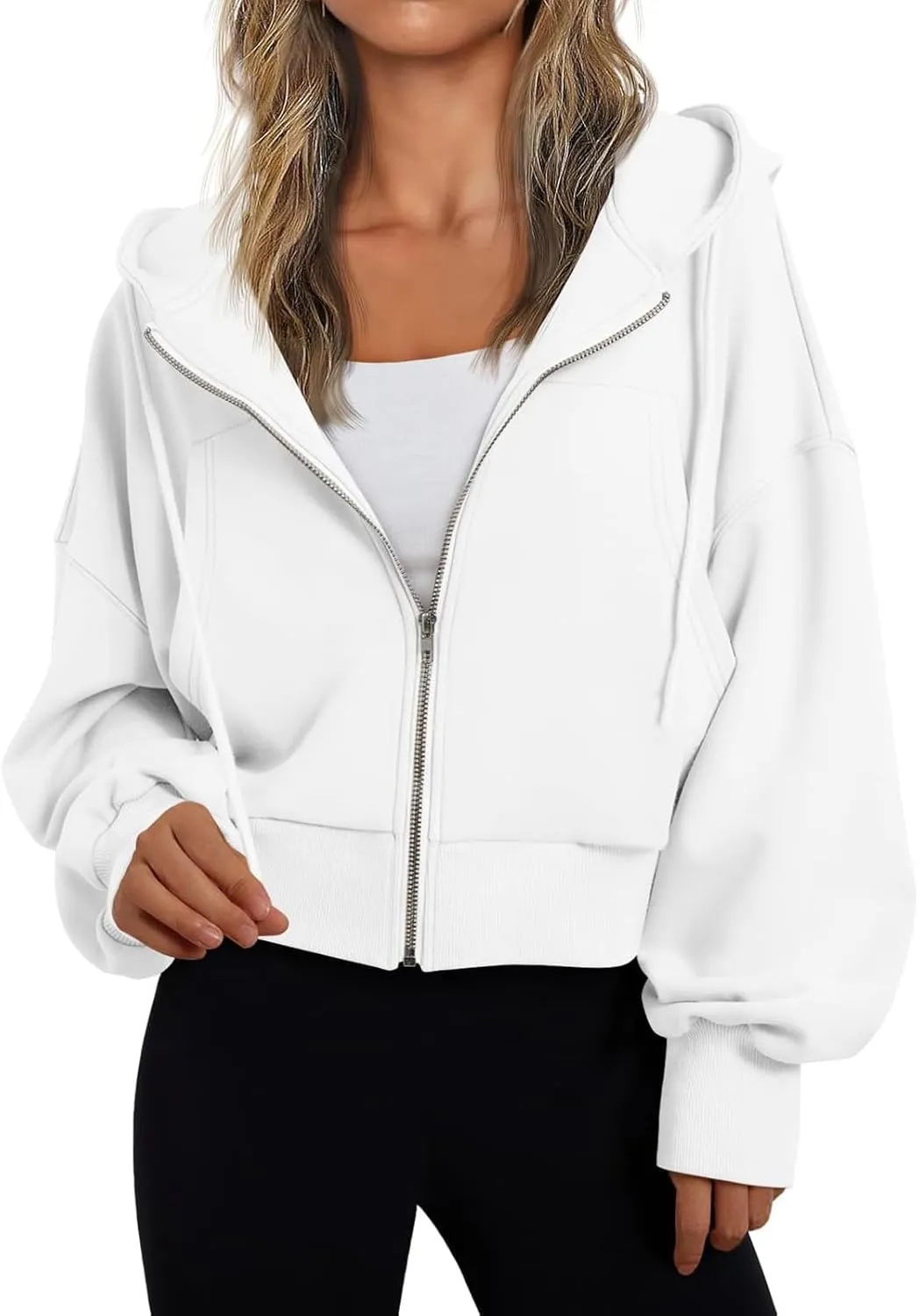 Womens Zip Up Hoodies Casual Drawstring Cropped Sweatshirt Jackets Long Sleeve Fleece Lightweight Coat with Pockets