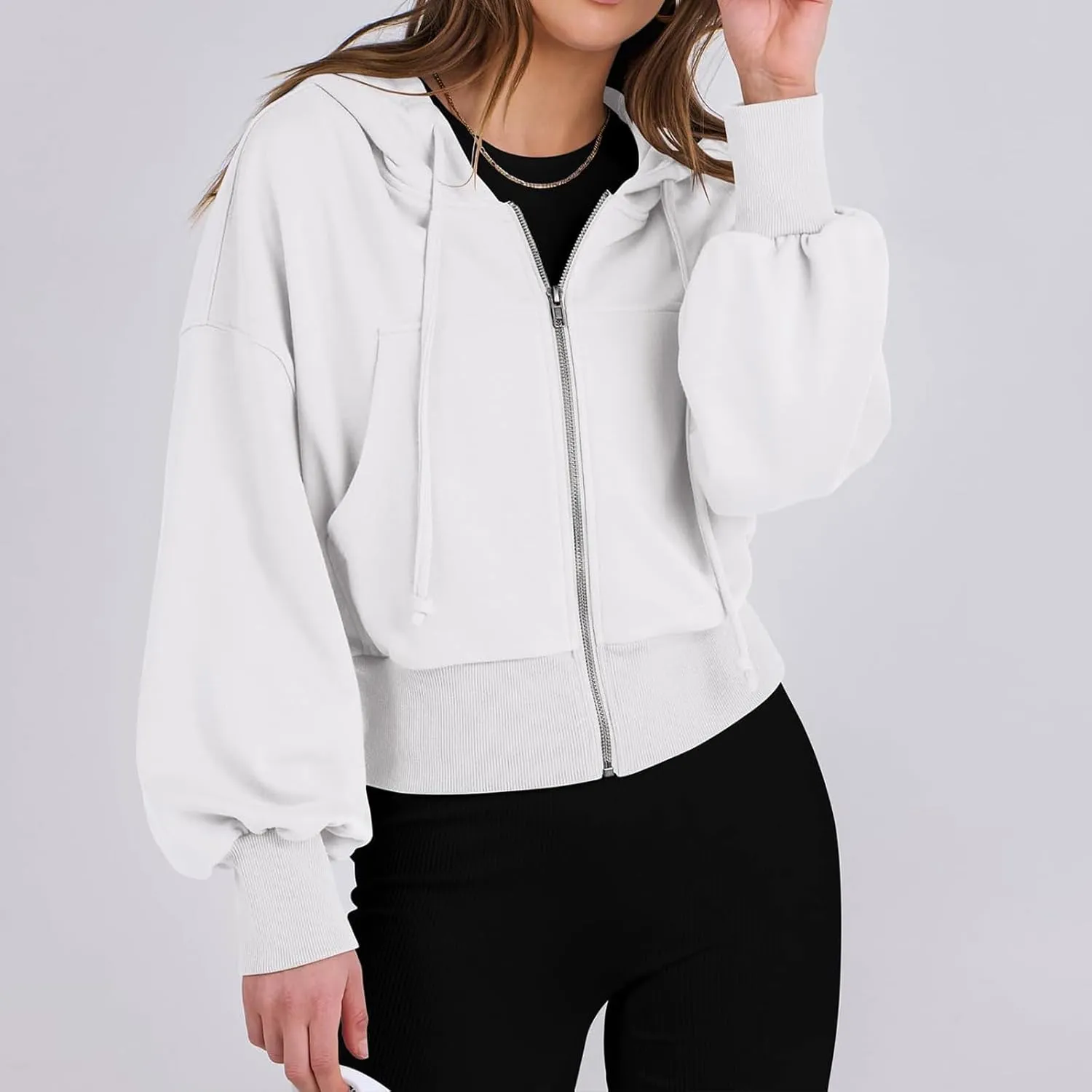 Womens Zip Up Hoodies Casual Drawstring Cropped Sweatshirt Jackets Long Sleeve Fleece Lightweight Coat with Pockets