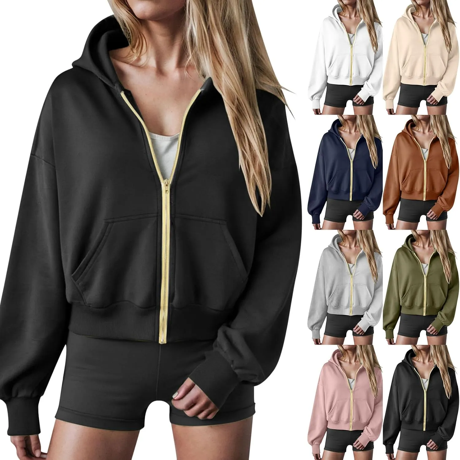 Womens Zip Up Hoodies Cropped Sweatshirts Casual Fleece Jackets Hooded Y2k Top 2024 Fall Outfits Clothes