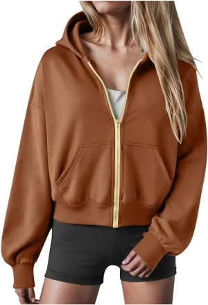 Womens Zip Up Hoodies Cropped Sweatshirts Casual Fleece Jackets Hooded Y2k Top Fall Outfits Clothes