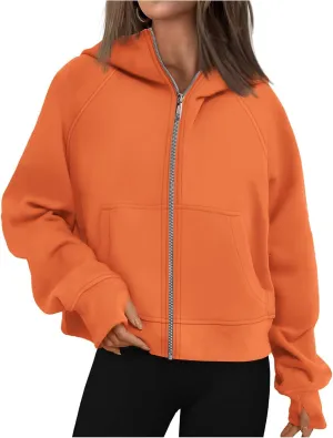 Womens Zip Up Hoodies Cropped Sweatshirts Fleece Jackets Fall Fashion Outfits Sweaters Winter Clothes Thumb Hole