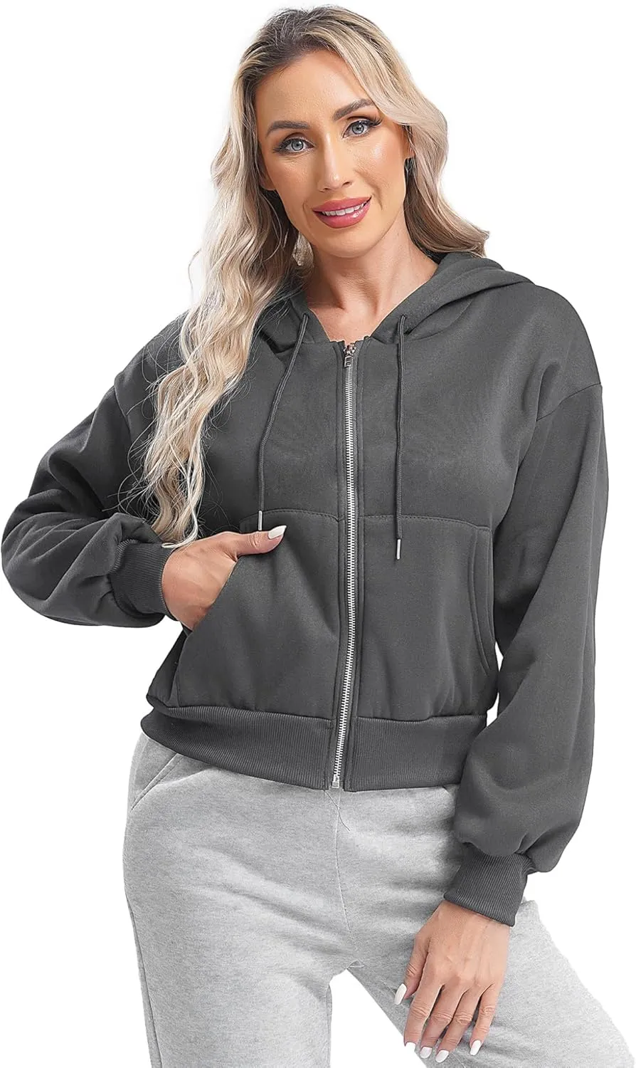 Women's Zip Up Hoodies Fleece-Lined Cropped Long Sleeve Sweatshirts with Pockets Casual Cropped Hoodie