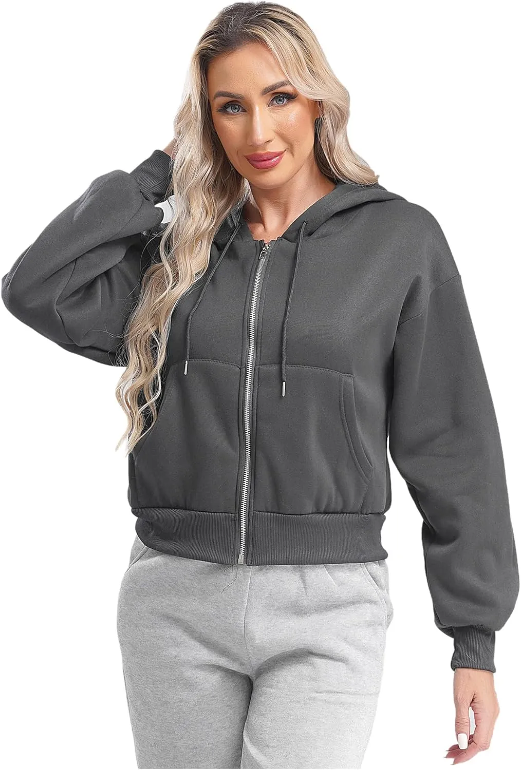 Women's Zip Up Hoodies Fleece-Lined Cropped Long Sleeve Sweatshirts with Pockets Casual Cropped Hoodie