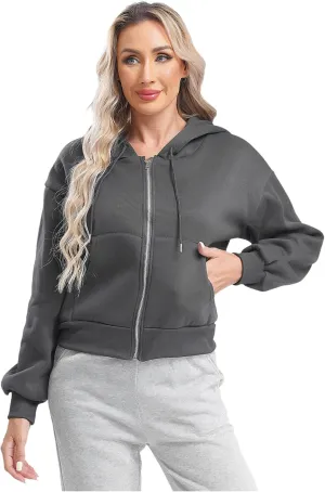 Women's Zip Up Hoodies Fleece-Lined Cropped Long Sleeve Sweatshirts with Pockets Casual Cropped Hoodie