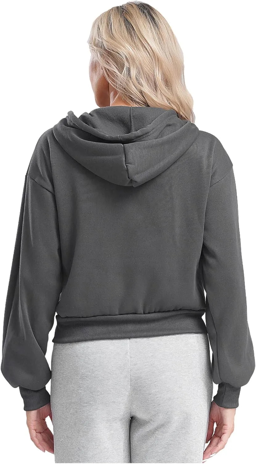 Women's Zip Up Hoodies Fleece-Lined Cropped Long Sleeve Sweatshirts with Pockets Casual Cropped Hoodie