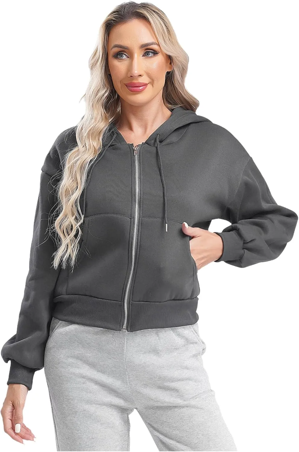 Women's Zip Up Hoodies Fleece-Lined Cropped Long Sleeve Sweatshirts with Pockets Casual Cropped Hoodie