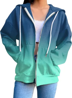 Womens Zip Up Hoodies Long Sleeve Drawstring Sport Sweatshirts Jacket Casual Fashion Jackets Fall Outfits